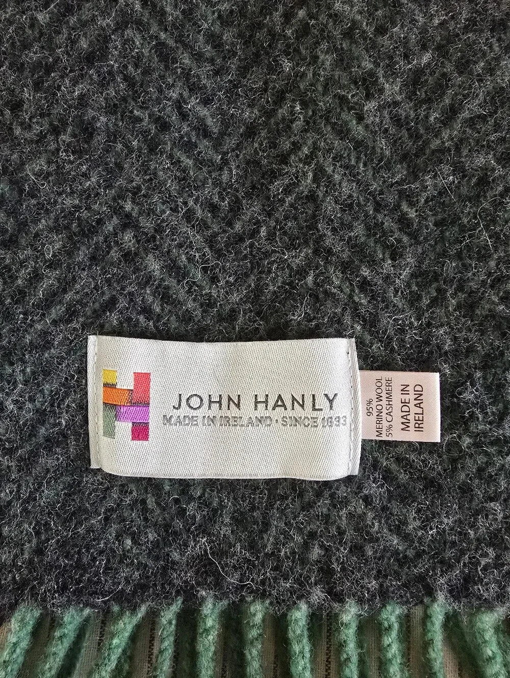 John Hanly 9x78 Irish Cashmere Merino Scarf Green Charcoal Herringbone